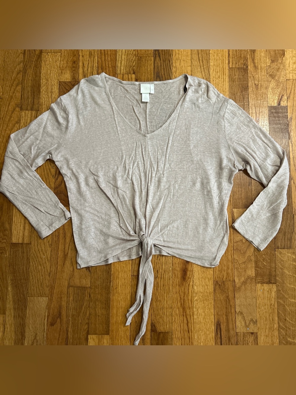 H&M Women's Light Pink 100% Linen Tie Front V-Neck Long Sleeve Shirt Size Large